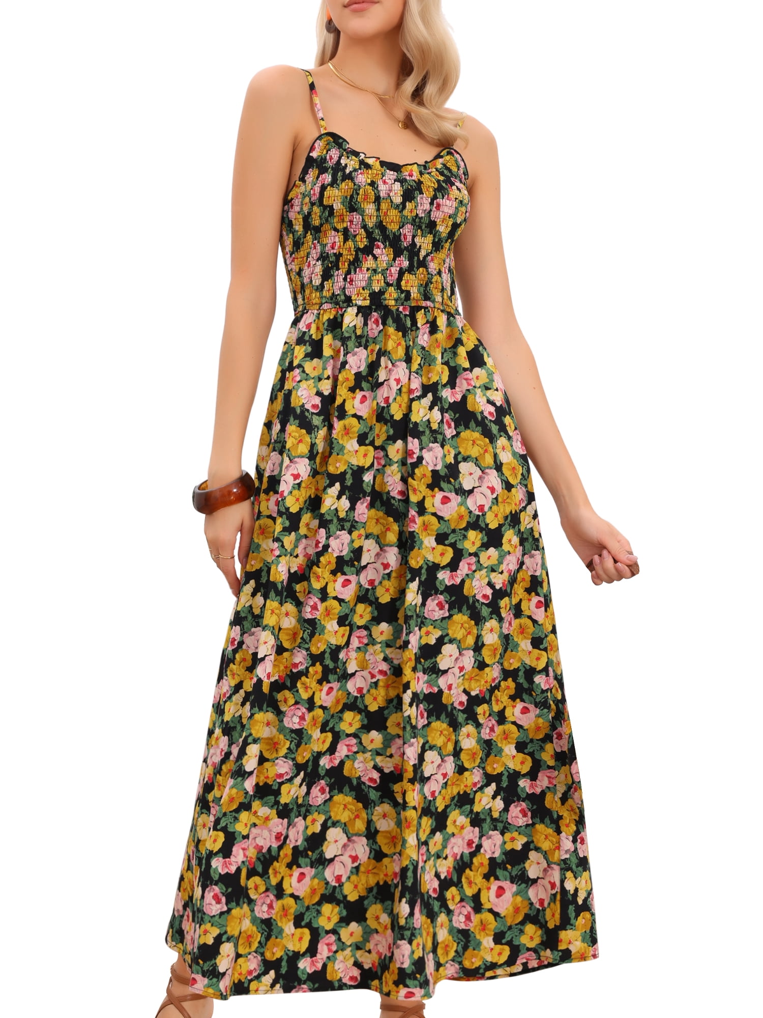 DARING DIVA Women's Boho Floral Maxi Spaghetti Strap V-Neck Sundress L Black Yellow