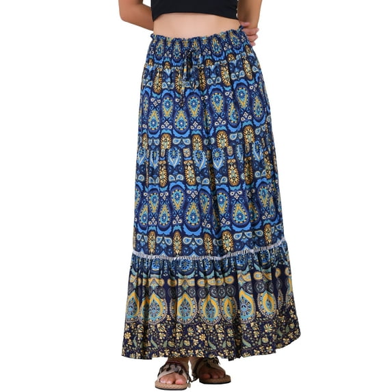 DARING DIVA Women's Boho Floral Smocked High Waist A Line Maxi Skirts XS Dark Blue
