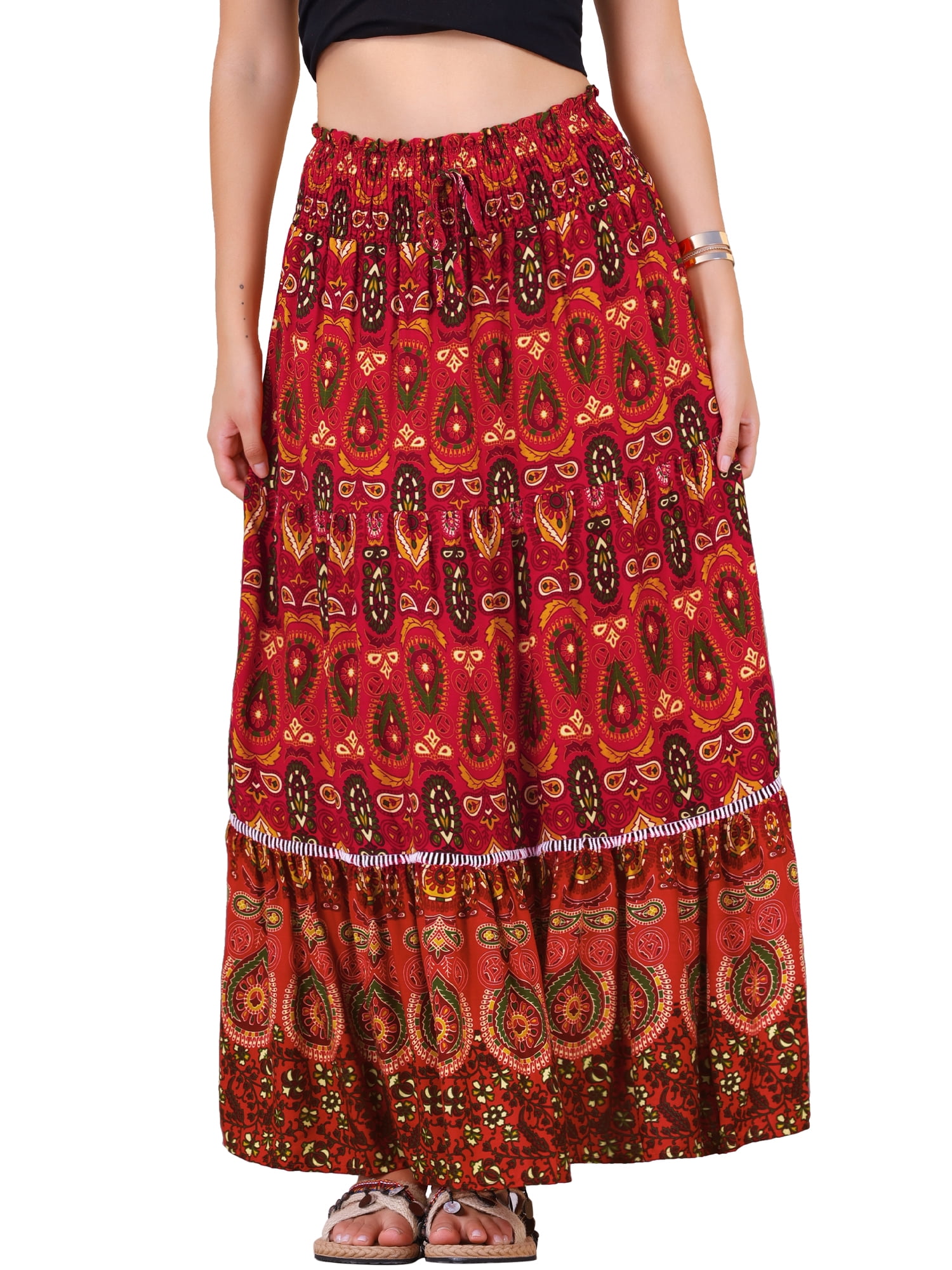 DARING DIVA Women's Boho Floral Smocked High Waist A Line Maxi Skirts XS Red