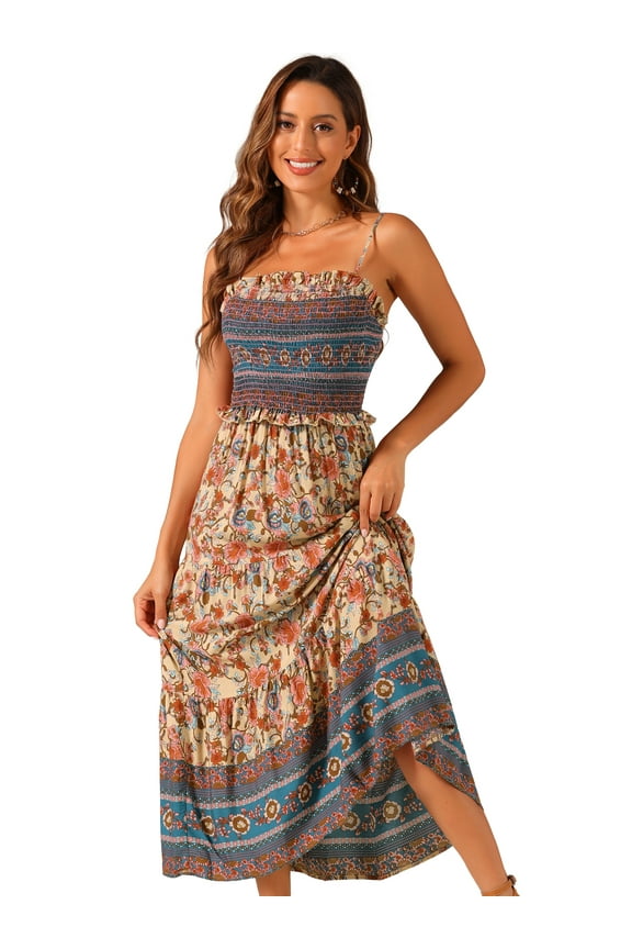 Women's Boho Floral Spaghetti Strap A Line Maxi Dresses L Apricot
