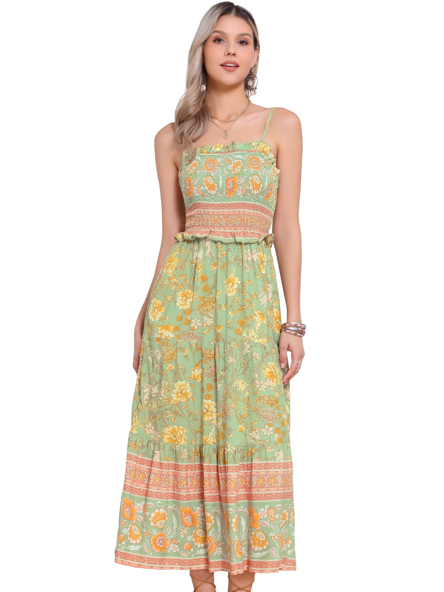 DARING DIVA Women's Boho Floral Spaghetti Strap A Line Maxi Dresses L Gray Green