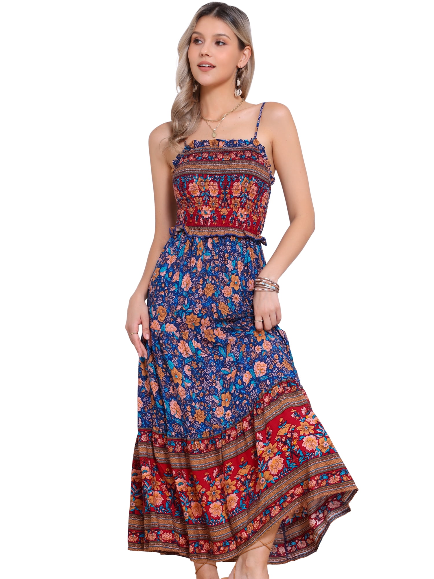 DARING DIVA Women's Boho Floral Spaghetti Strap A Line Maxi Dresses L Red Blue