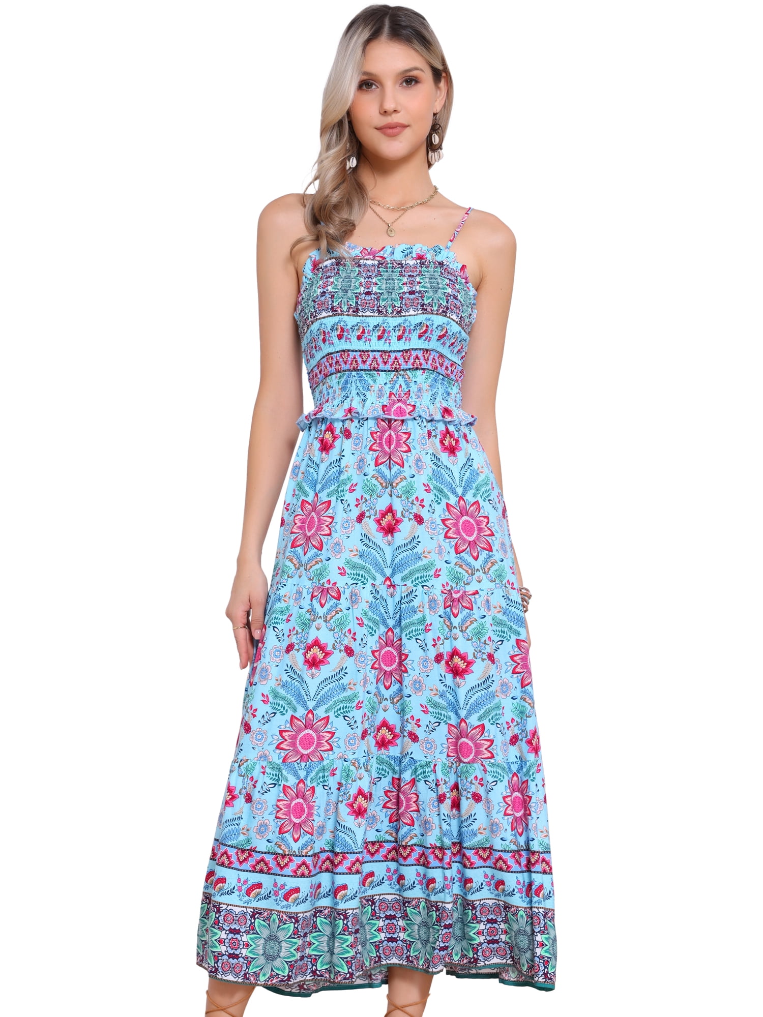 DARING DIVA Women's Boho Floral Spaghetti Strap A Line Maxi Dresses M Light Blue