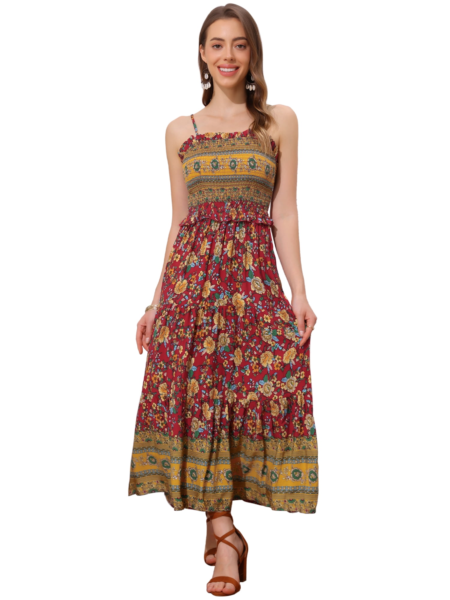 DARING DIVA Women's Boho Floral Spaghetti Strap A Line Maxi Dresses M Red