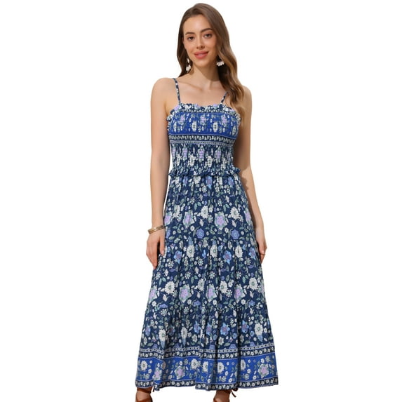 DARING DIVA Women's Boho Floral Spaghetti Strap A Line Maxi Dresses S Blue