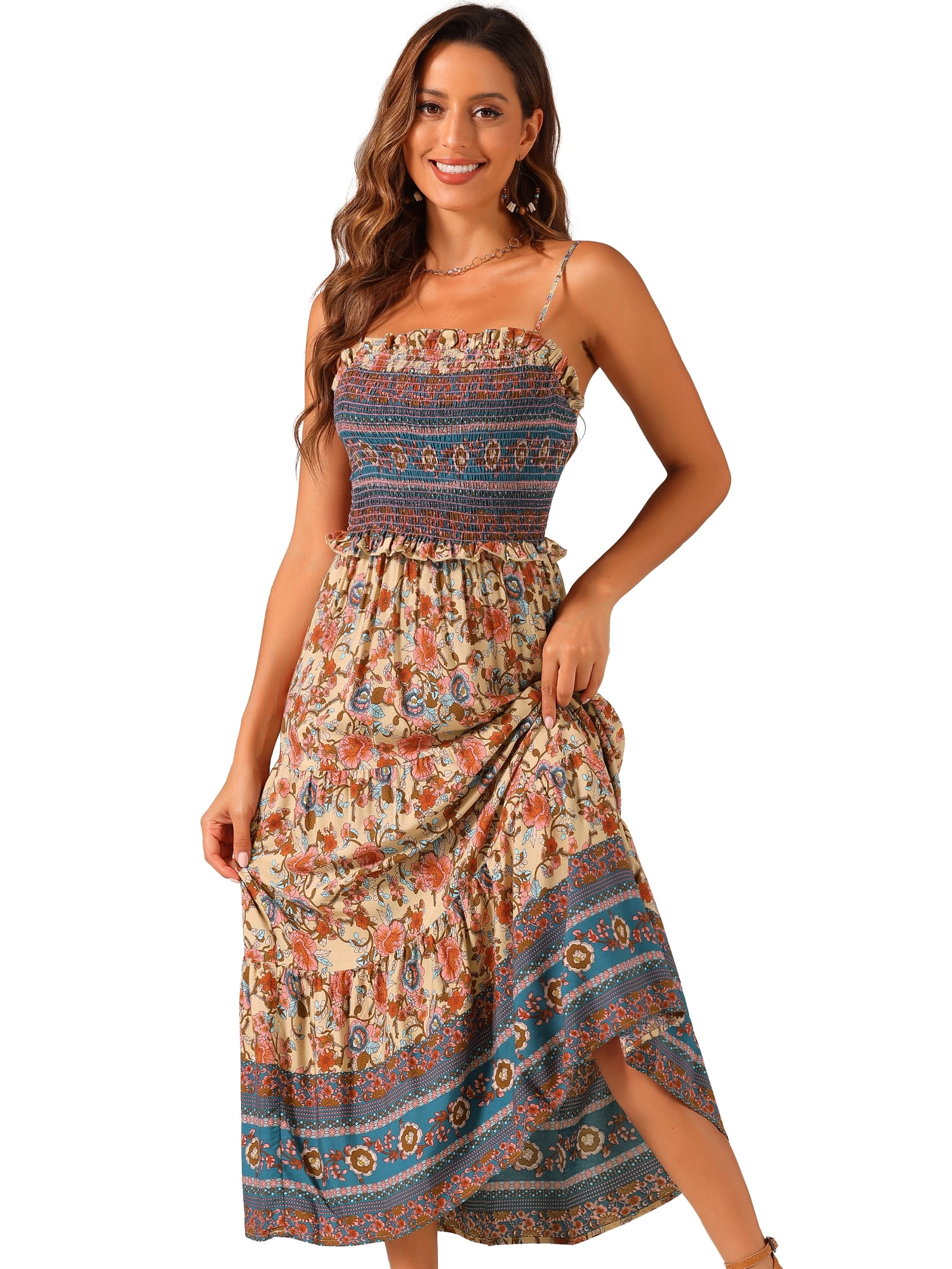 DARING DIVA Women's Boho Floral Spaghetti Strap A Line Maxi Dresses XS Apricot