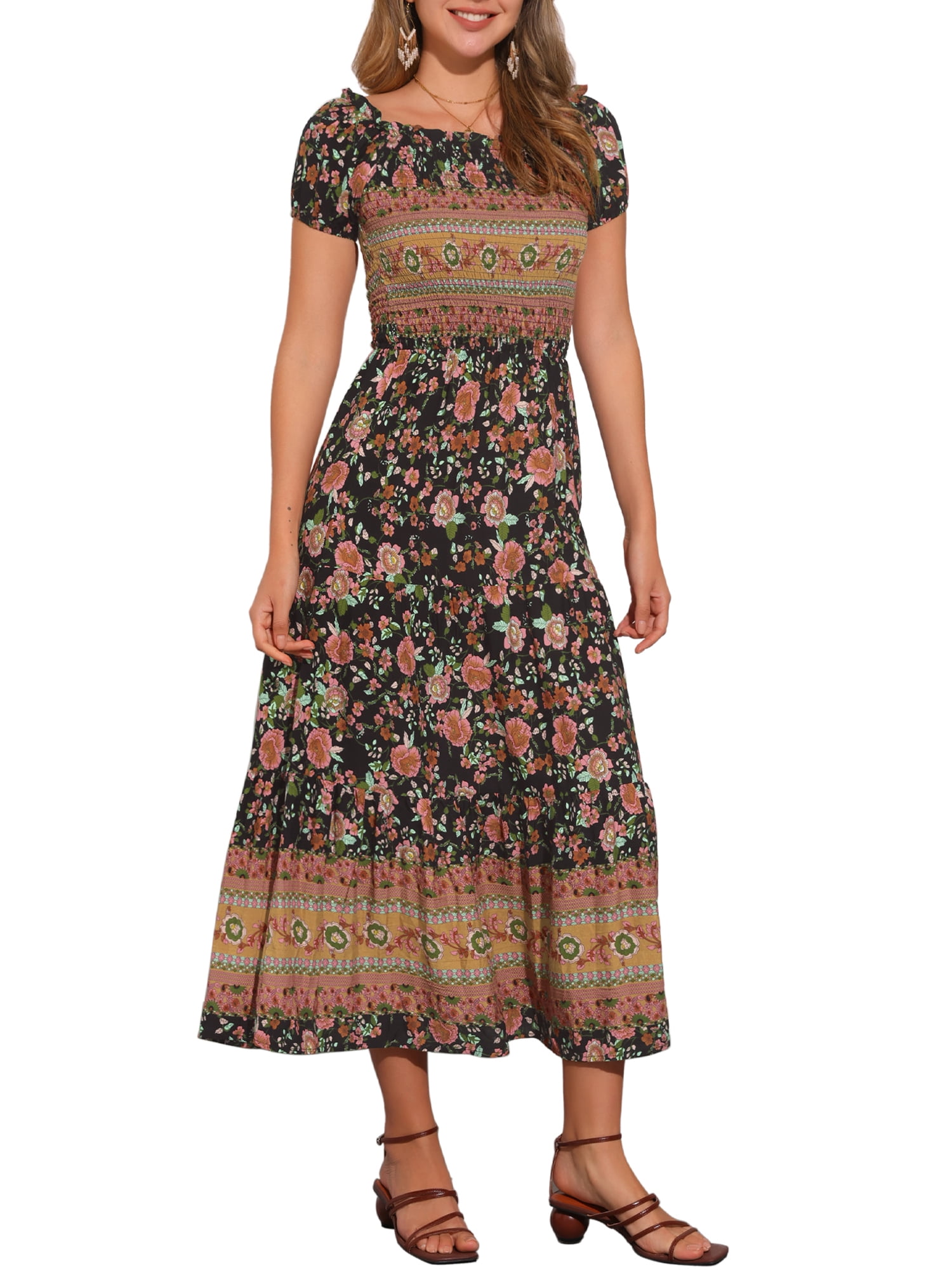 DARING DIVA Women's Boho Floral Square Neck Smocked Back Midi Dresses M Black