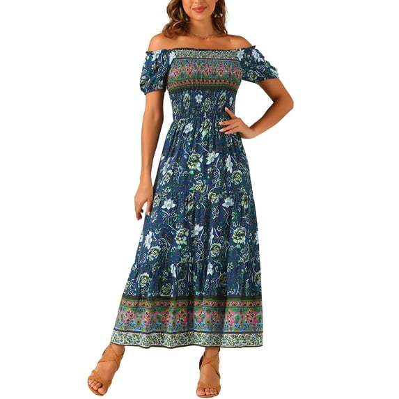 DARING DIVA Women's Boho Floral Square Neck Smocked Back Midi Dresses XL Dark Blue