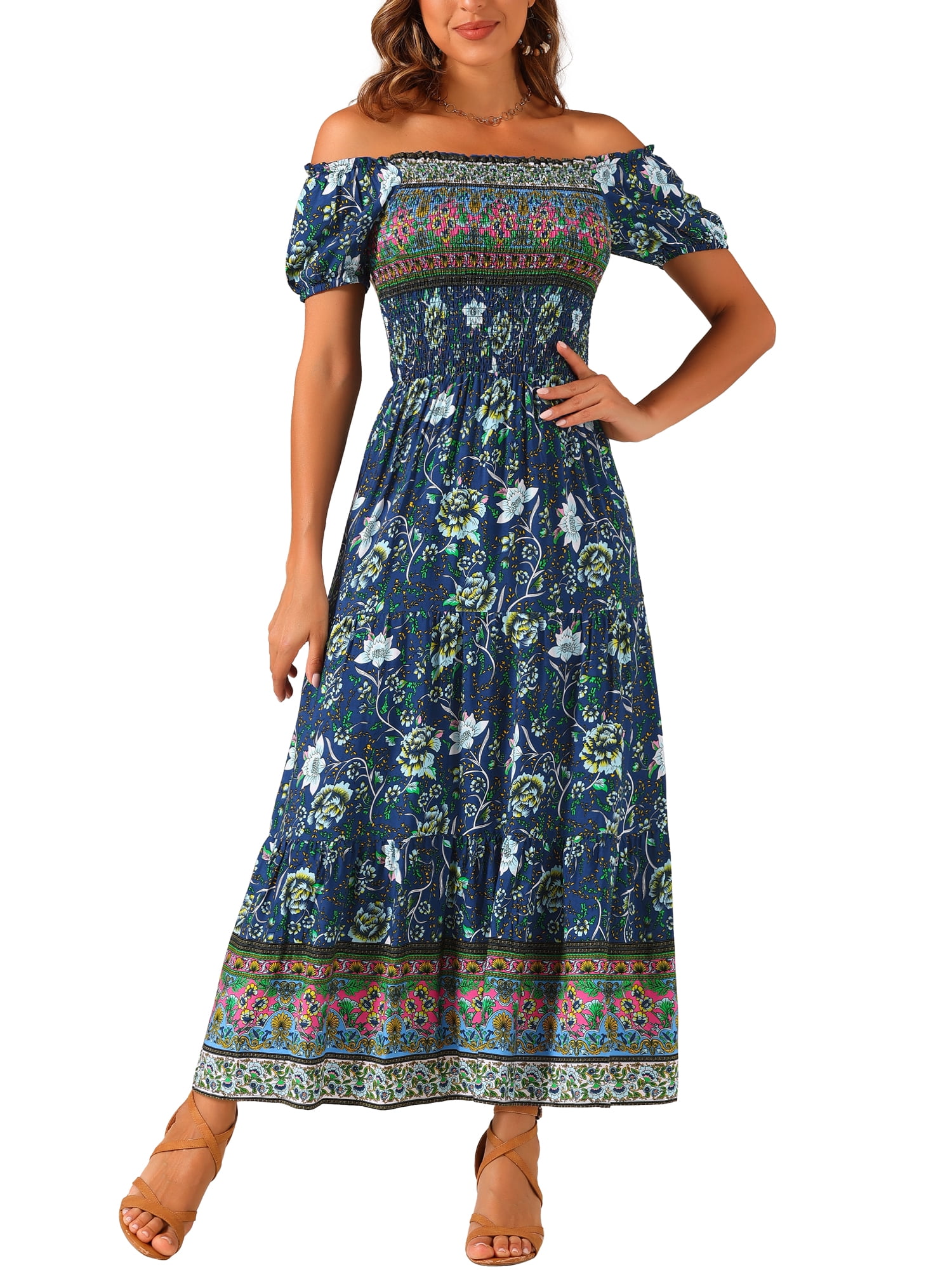DARING DIVA Women's Boho Floral Square Neck Smocked Back Midi Dresses XS Dark Blue