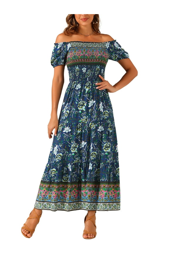 Women's Boho Floral Square Neck Smocked Back Midi Dresses XS Dark Blue