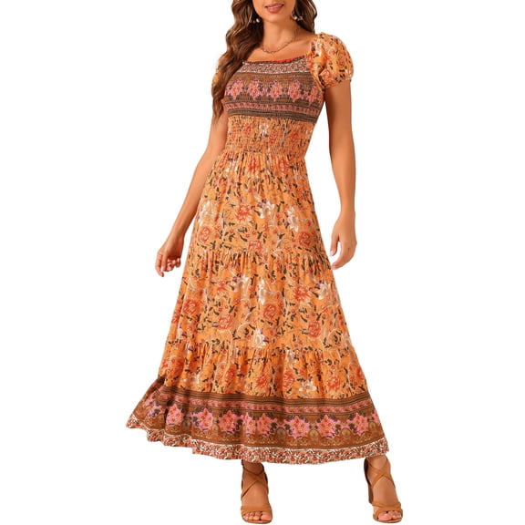 DARING DIVA Women's Boho Floral Square Neck Smocked Back Midi Dresses XS Orange