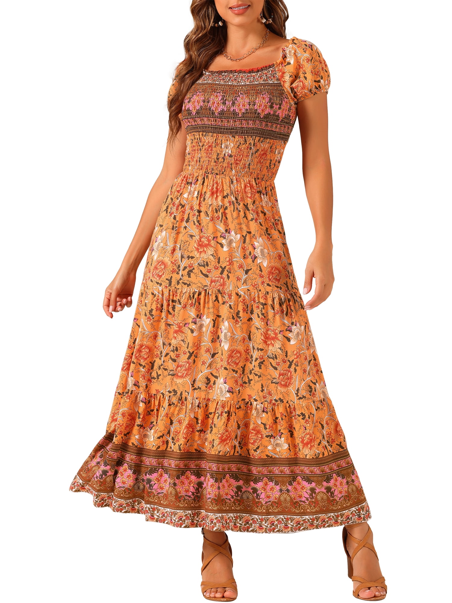 DARING DIVA Women's Boho Floral Square Neck Smocked Back Mixi Dresses S Orange