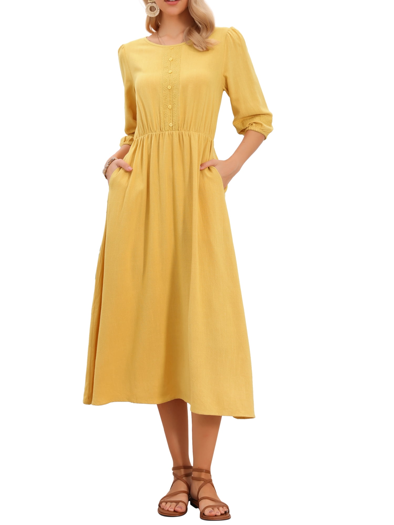 DARING DIVA Women's Boho Midi Casual Crew Neck Crochet Panel 3/4 Sleeve Dress S Yellow