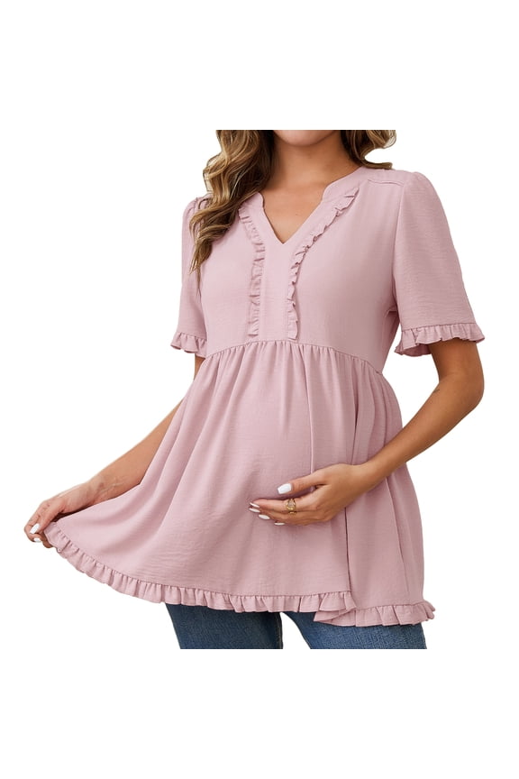Women's Boho Ruffled V Neck Short Sleeve Maternity Tops L Dusty Pink