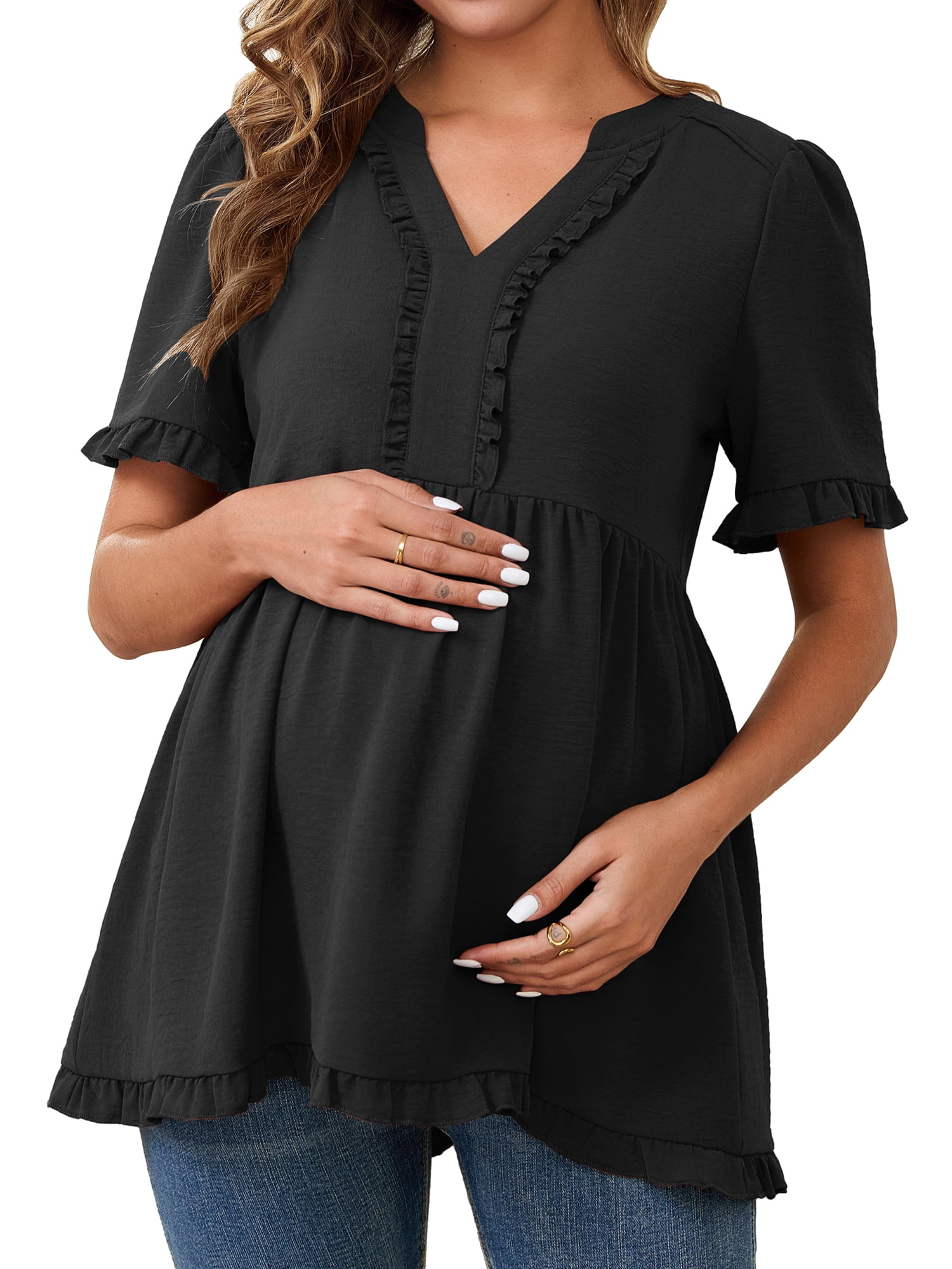 DARING DIVA Women's Boho Ruffled V Neck Short Sleeve Maternity Tops M Black