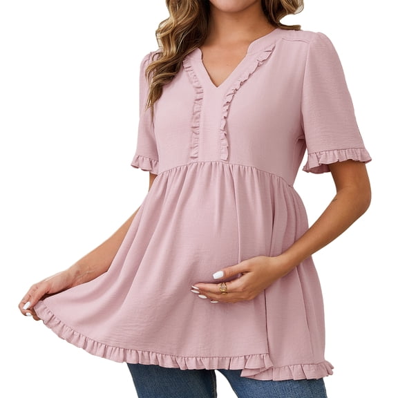 DARING DIVA Women's Boho Ruffled V Neck Short Sleeve Maternity Tops M Dusty Pink