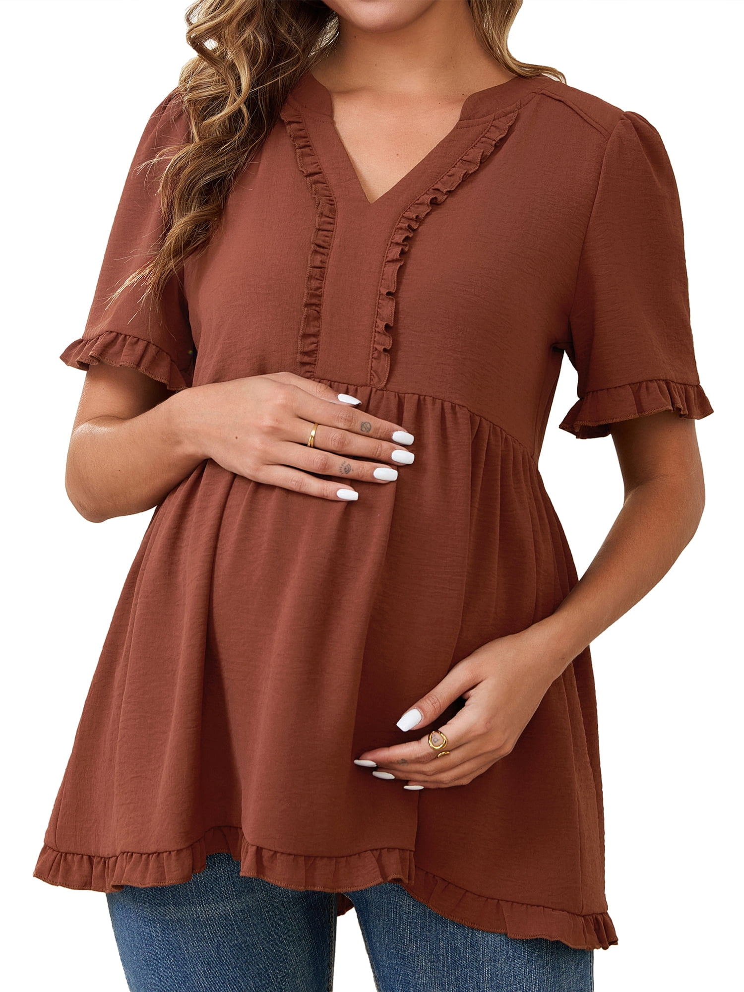 DARING DIVA Women's Boho Ruffled V Neck Short Sleeve Maternity Tops XL Brown