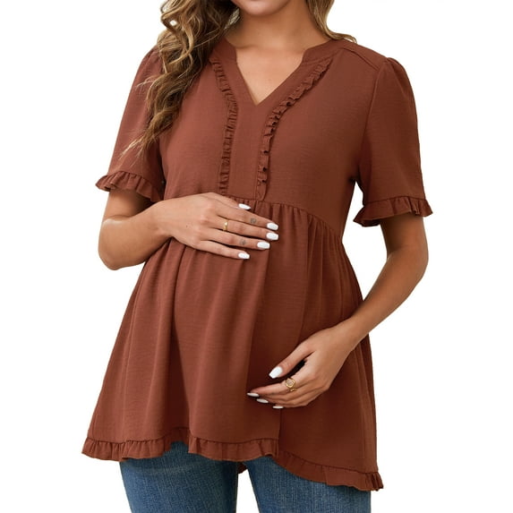 DARING DIVA Women's Boho Ruffled V Neck Short Sleeve Maternity Tops XXL Brown