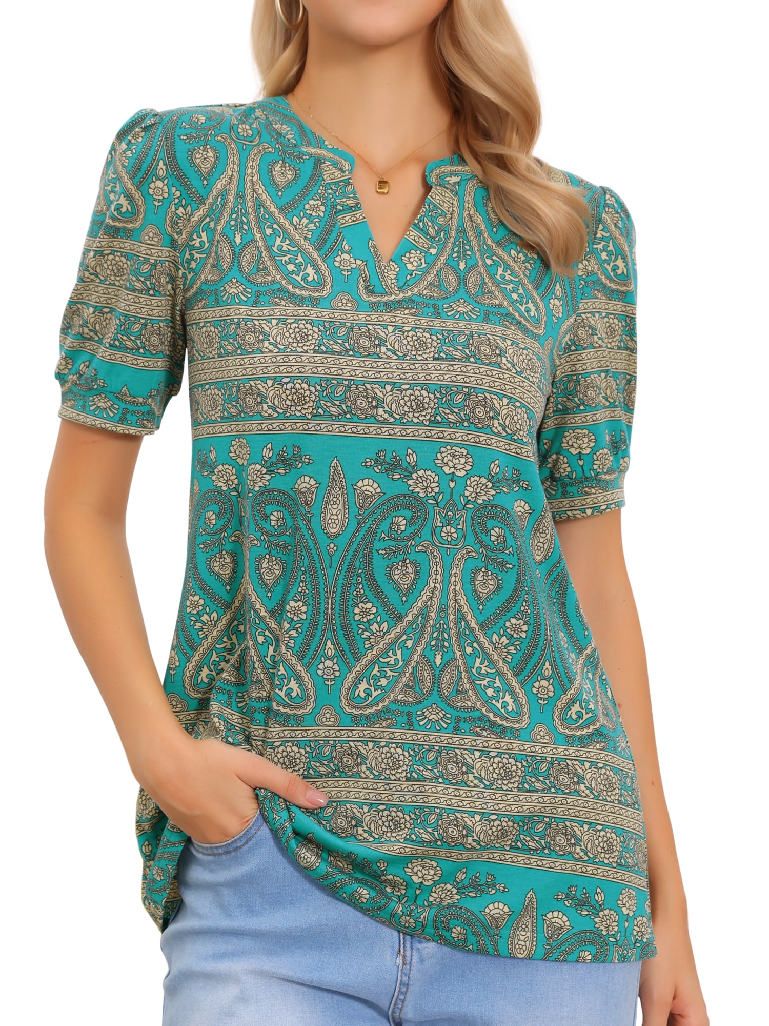 DARING DIVA Women's Boho Short Sleeve Floral Blouse Casual V Neck Shirts L Blue