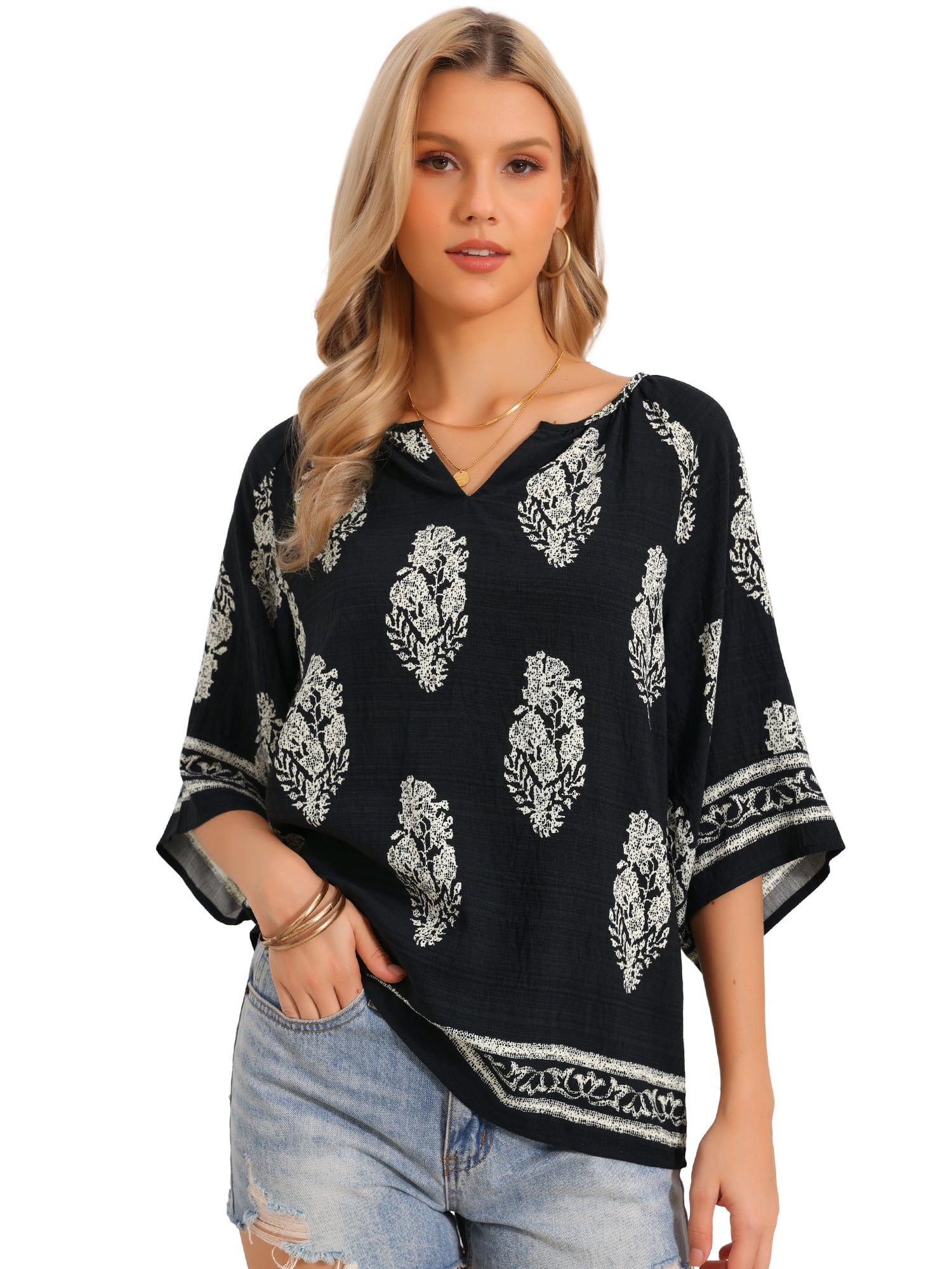 DARING DIVA Women's Boho Tops Summer 3/4 Sleeve V Neck Loose Blouses S Black