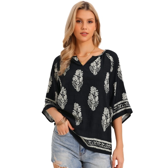 DARING DIVA Women's Boho Tops Summer 3/4 Sleeve V Neck Loose Blouses S Black