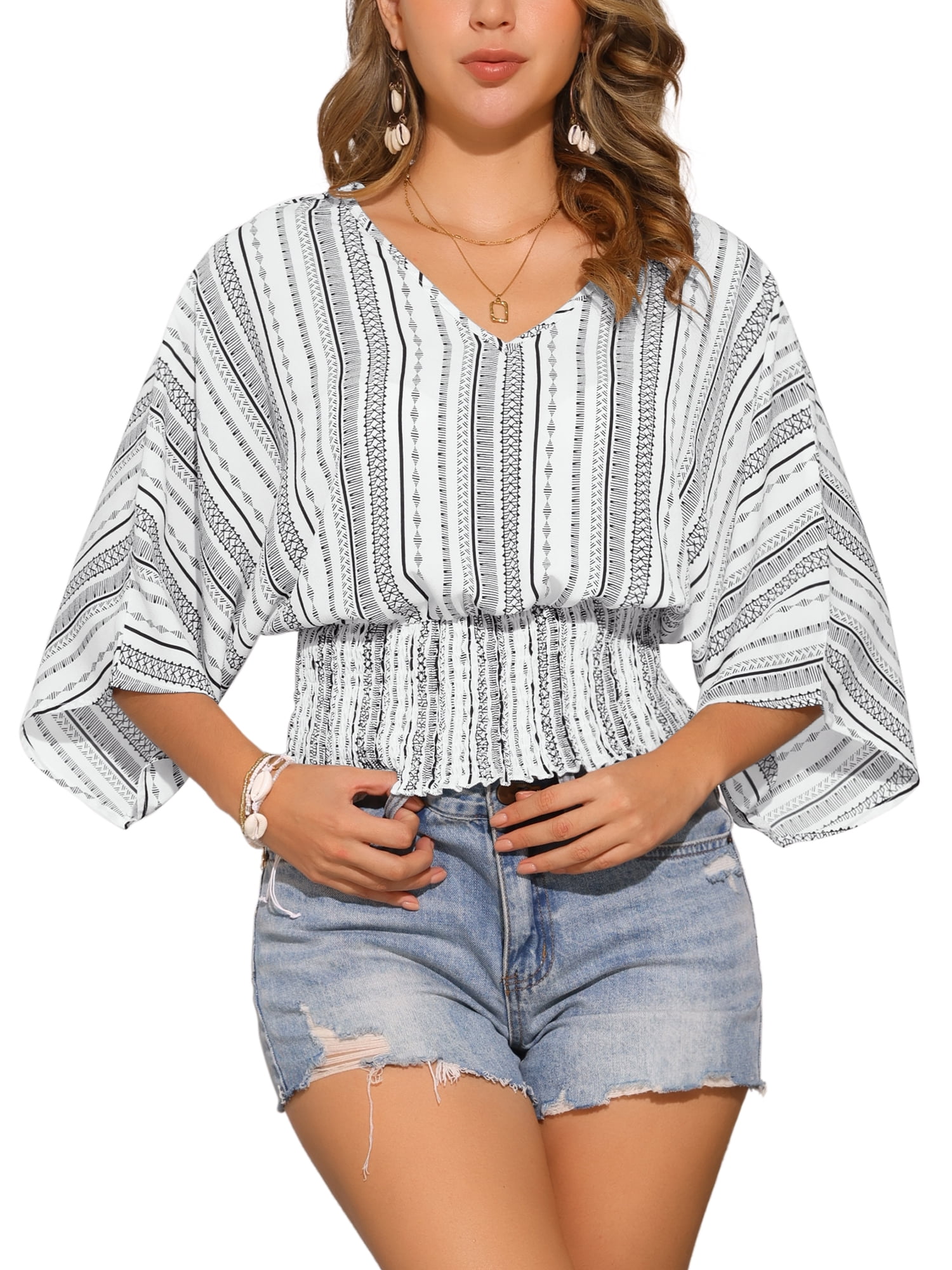 DARING DIVA Women's V Neck Chiffon Smocked Batwing Dolman Sleeve Blouses L White Black