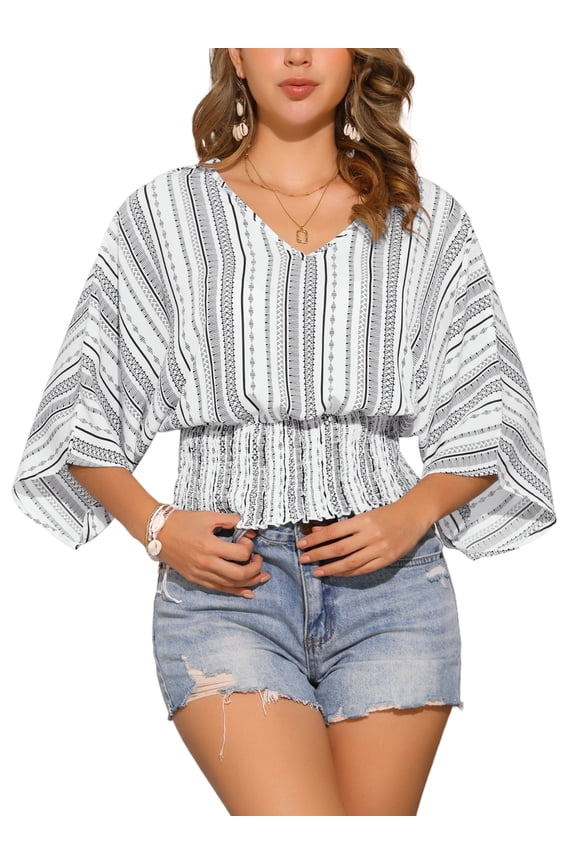 Women's Boho V Neck Chiffon Dolman Sleeves Blouse S White Black
