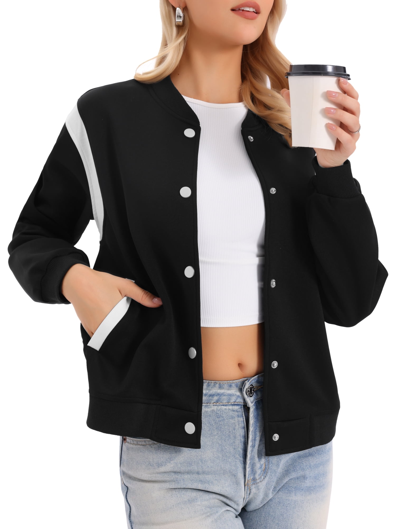 DARING DIVA Women's Bomber Jacket With Button Closure And Pockets XL Black