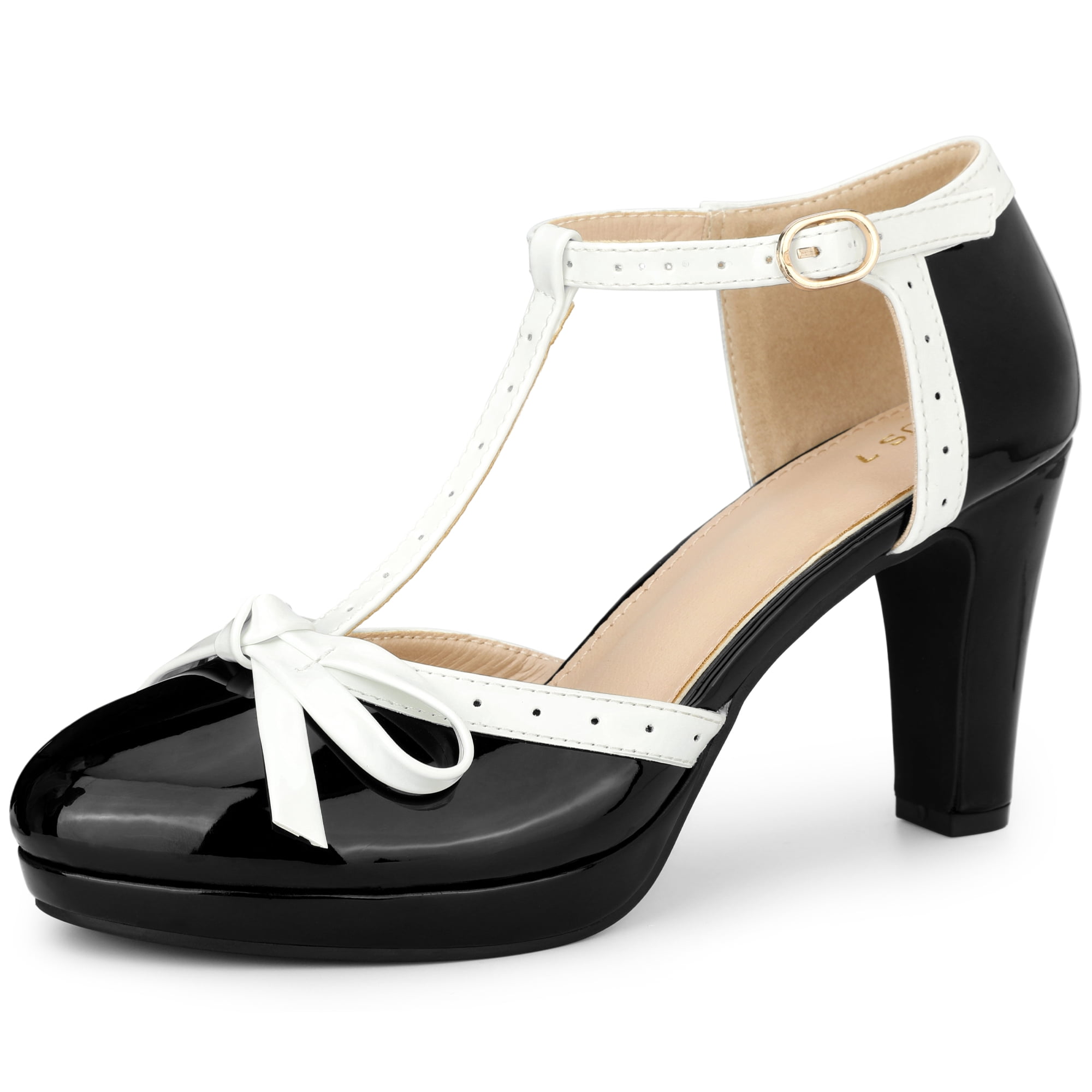 DARING DIVA Women's Bow Platform T-Strap Block High Heel Pumps Black 10