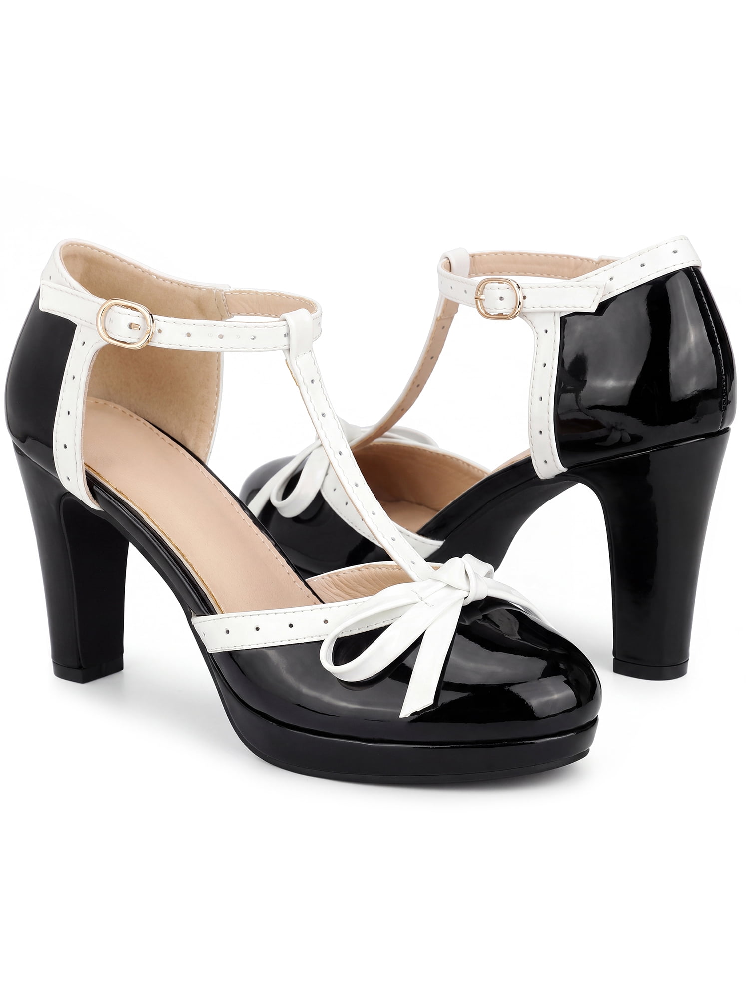 DARING DIVA Women's Bow Platform T-Strap Block High Heel Pumps Black 6