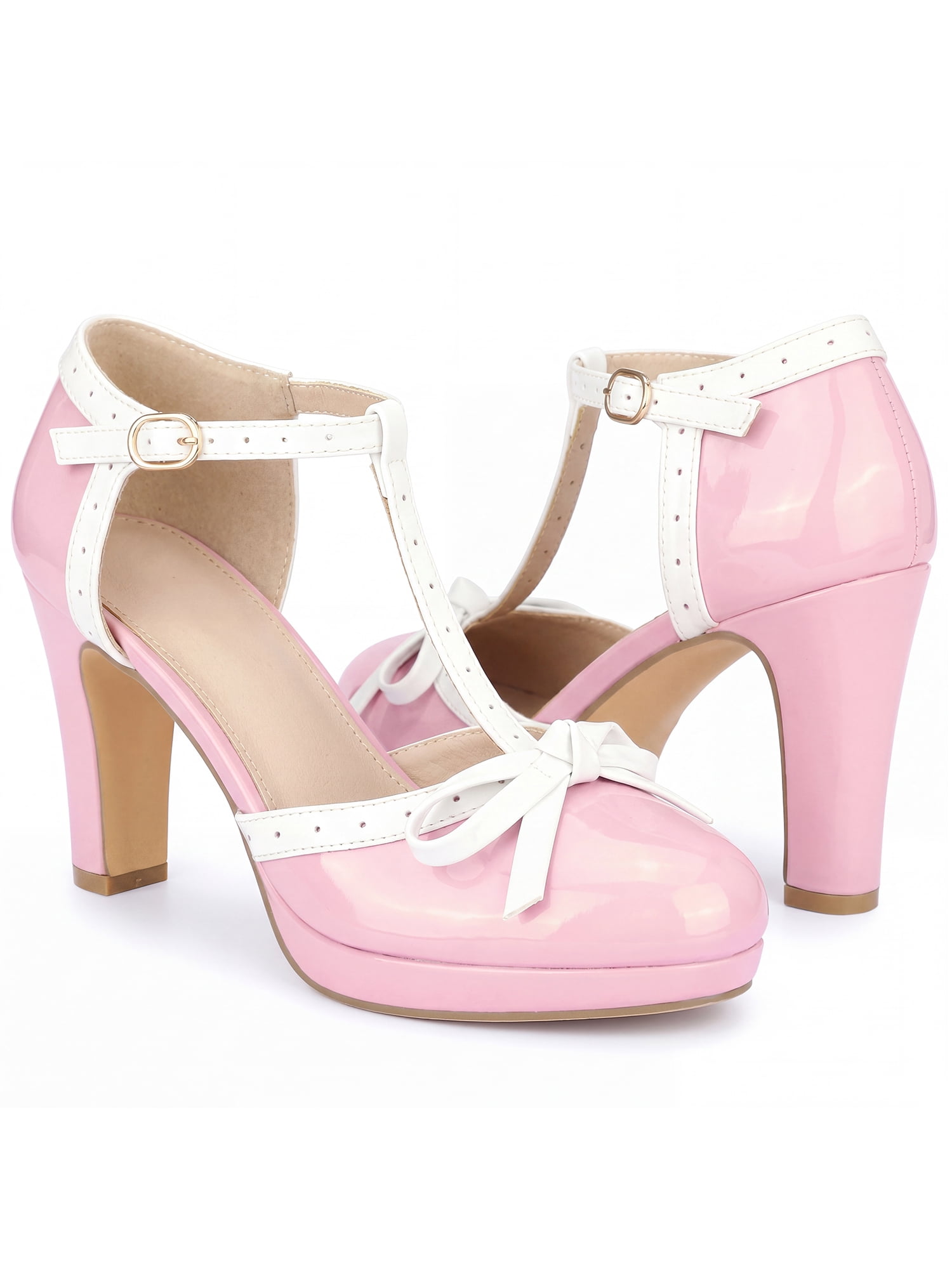 DARING DIVA Women's Bow Platform T-Strap Block High Heel Pumps Pink 6