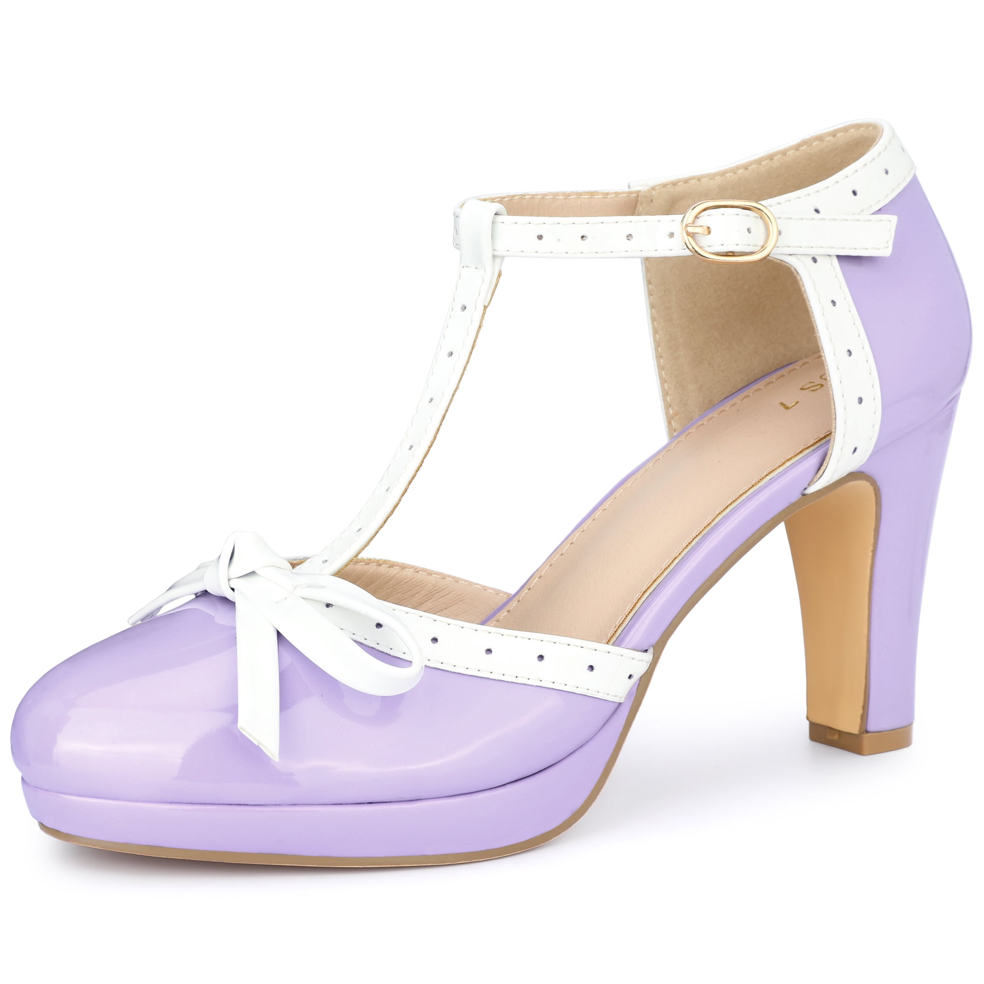 DARING DIVA Women's Bow Platform T-Strap Block High Heel Pumps Purple 10