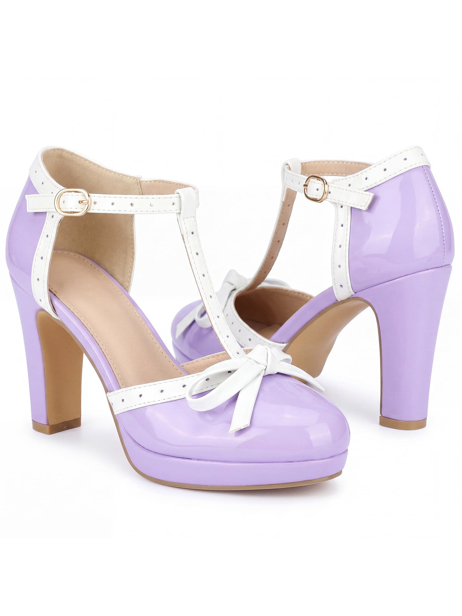 DARING DIVA Women's Bow Platform T-Strap Block High Heel Pumps Purple 6