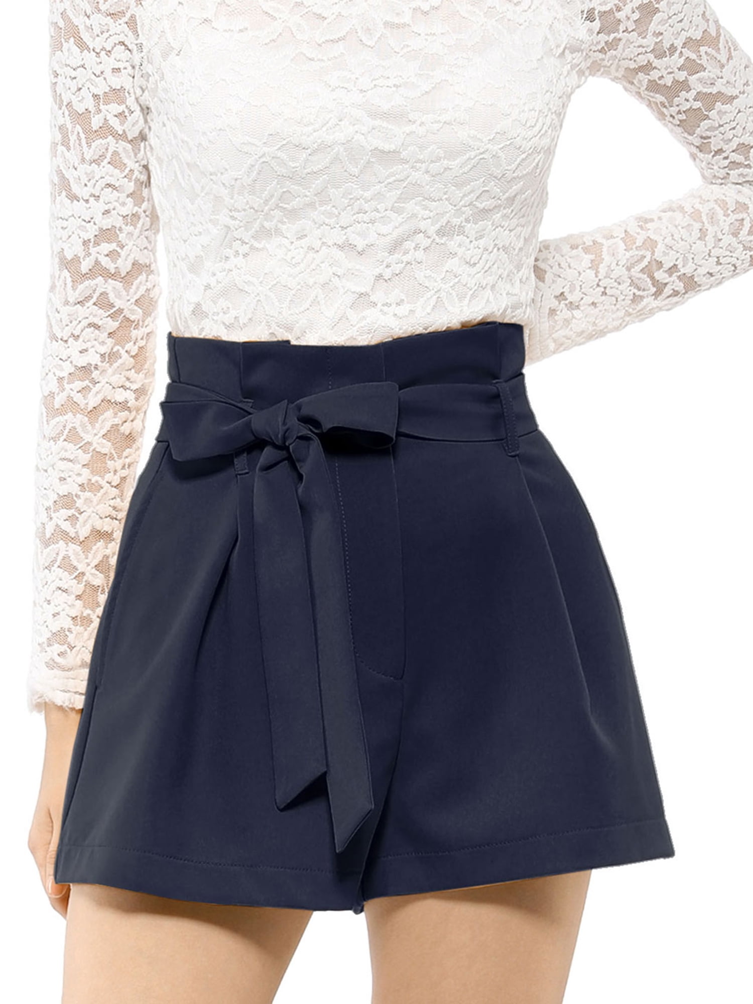 DARING DIVA Women's Bow Tie High Waist Short Paper Bag Shorts L Navy Blue