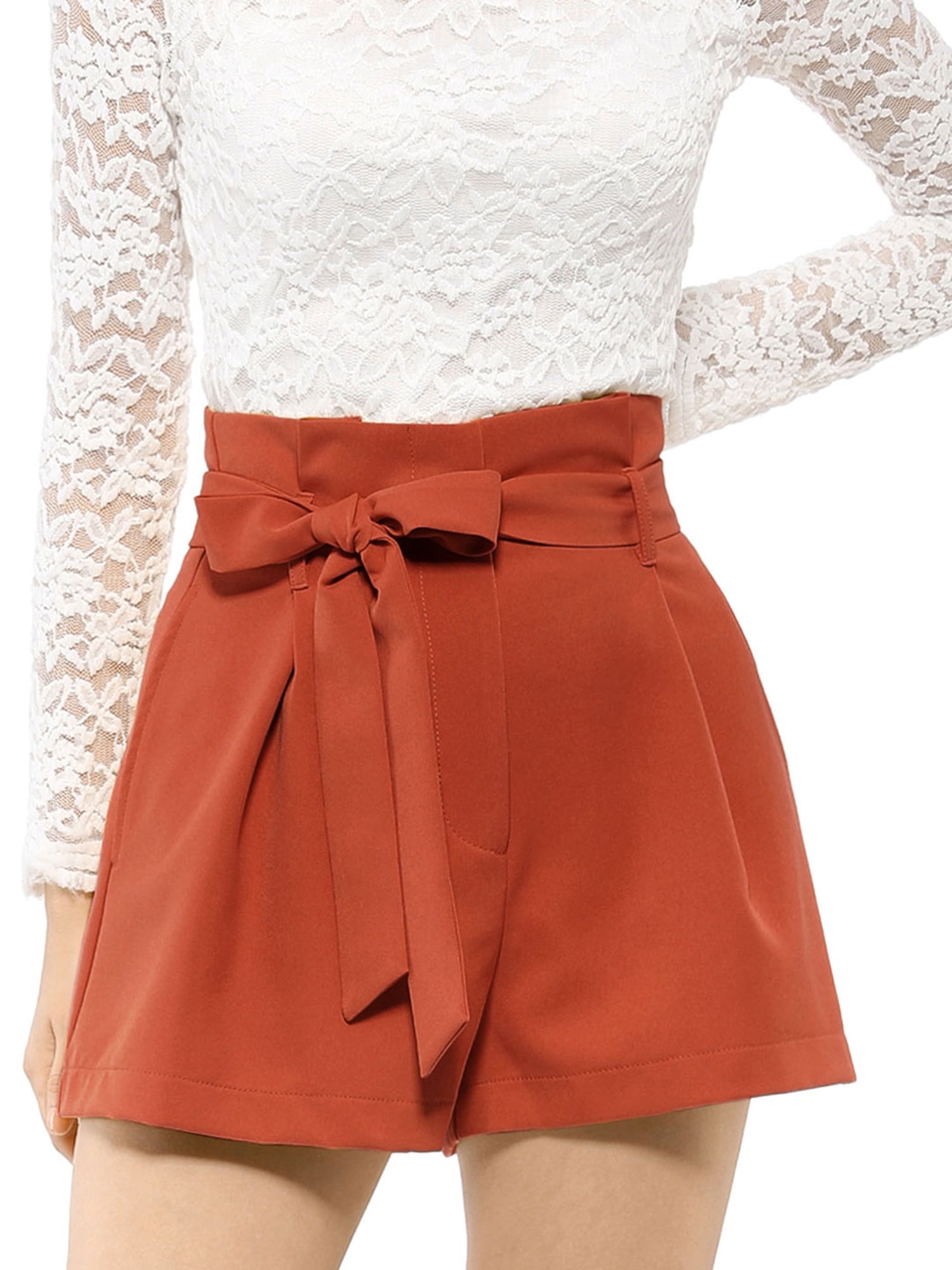 DARING DIVA Women's Bow Tie High Waist Short Paper Bag Shorts L Orange Red