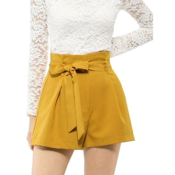 DARING DIVA Women's Bow Tie High Waist Short Paper Bag Shorts XS Yellow