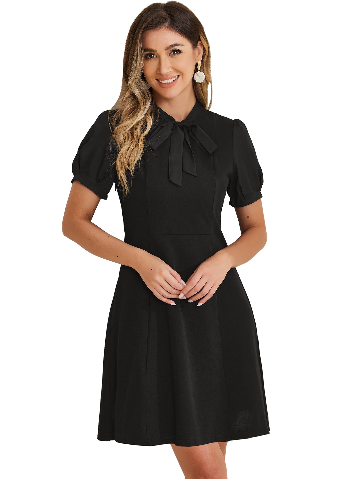 DARING DIVA Women's Tie Neck Puff Short Sleeve Office Work Dress M Black