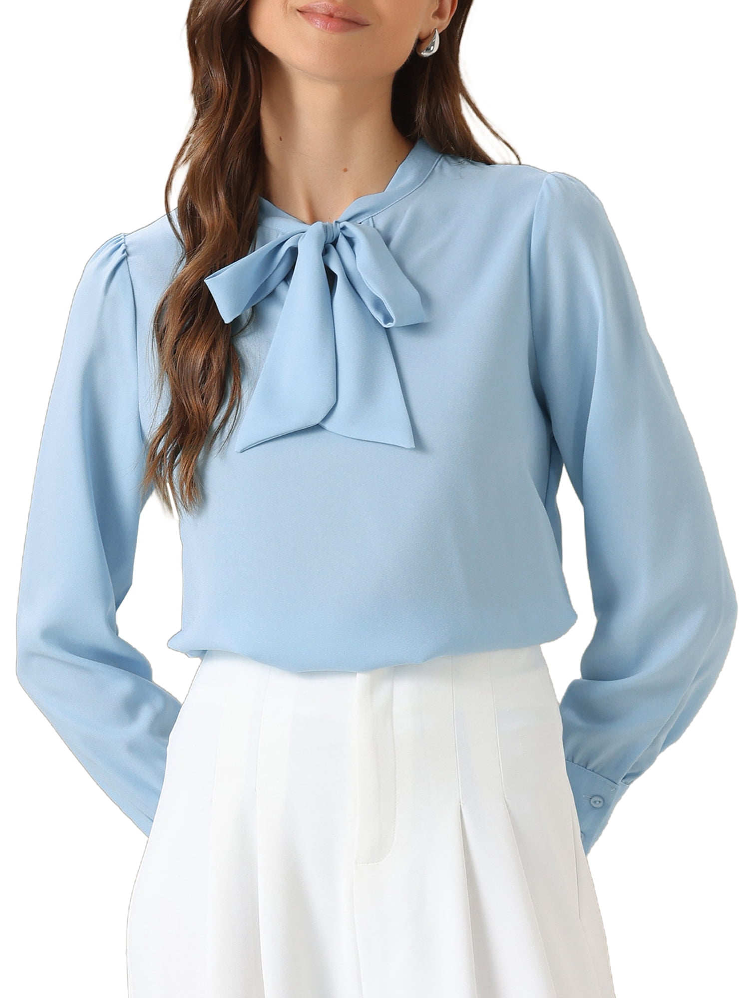 DARING DIVA Women's Bow Tie Neck Tops Long Sleeve Business Work Blouse L Sky Blue