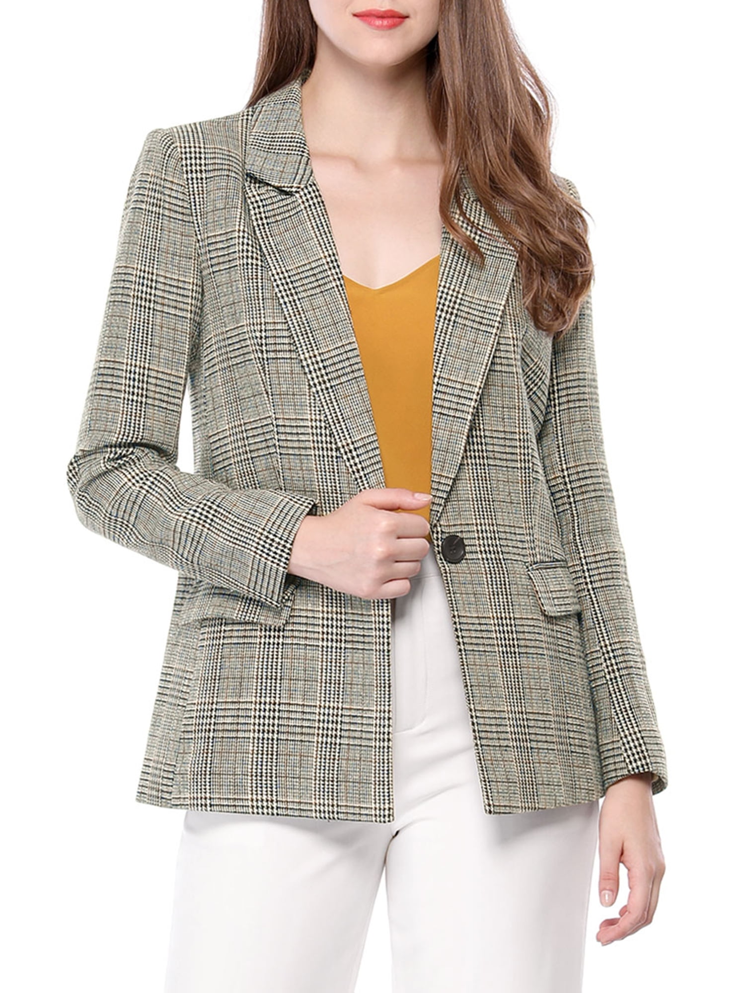 DARING DIVA Women's Boyfriend Notched Lapel One Button Blazer Suit Plaid Blazer Jacket L Black