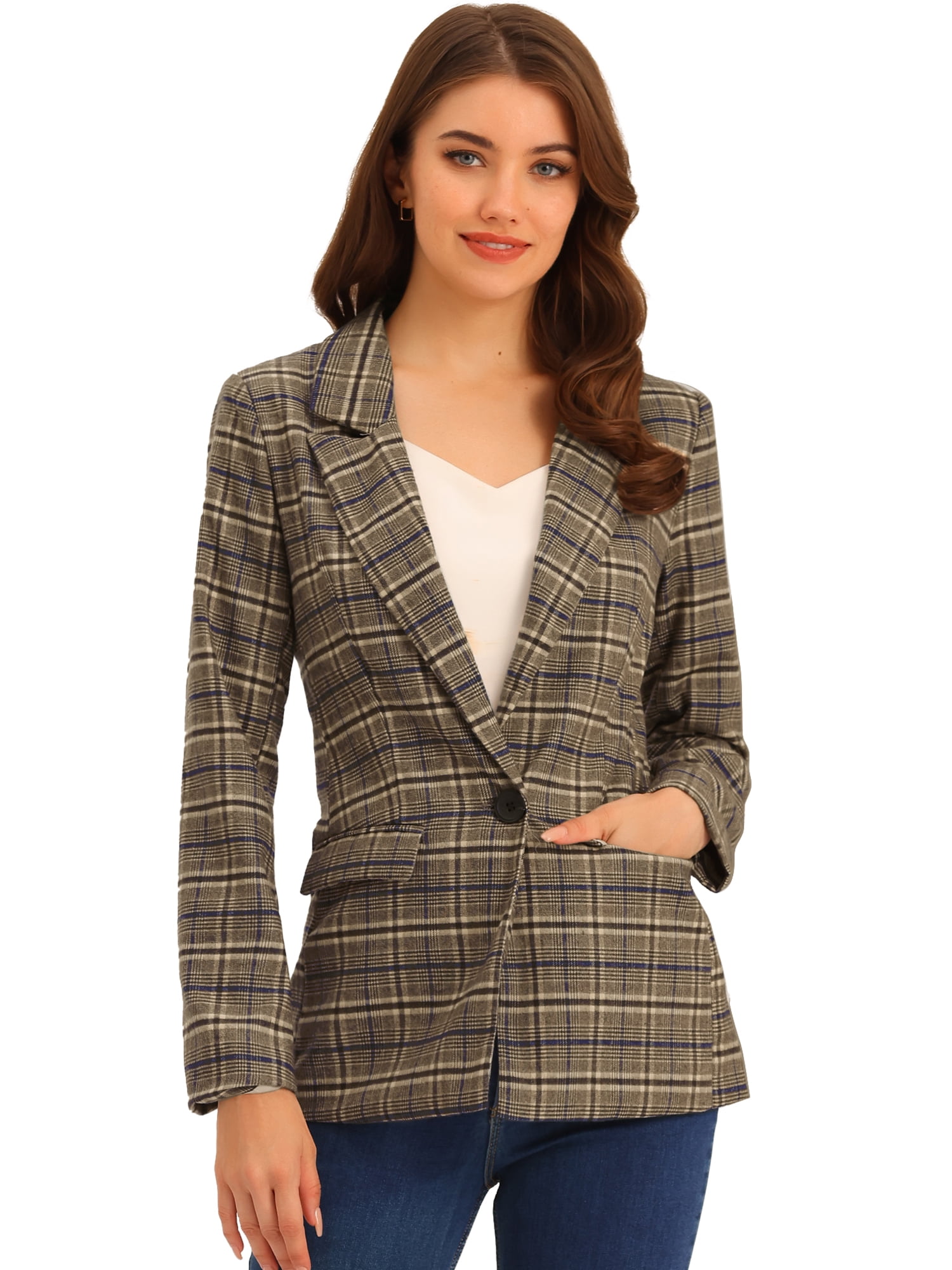 DARING DIVA Women's Boyfriend Notched Lapel One Button Blazer Suit Plaid Blazer Jacket M Blue Brown
