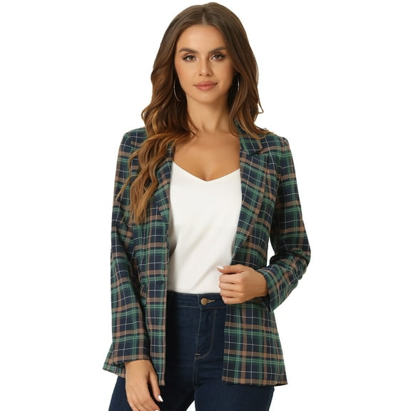 DARING DIVA Women's Boyfriend Notched Lapel One Button Blazer Suit Plaid Blazer Jacket M Green Blue