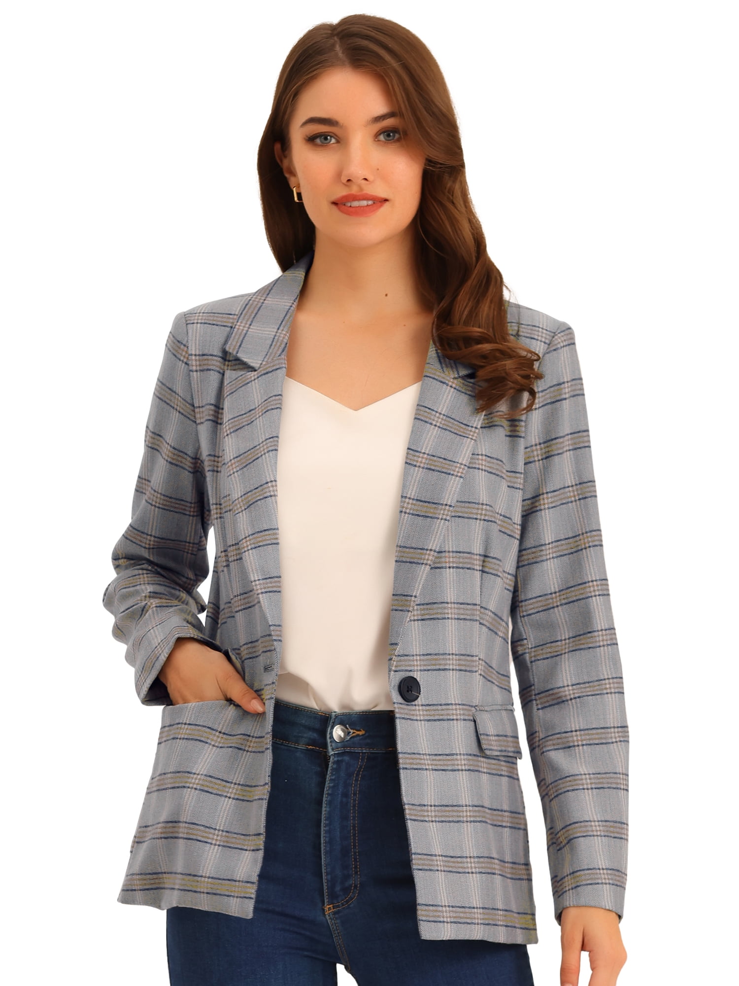 DARING DIVA Women's Boyfriend Notched Lapel One Button Blazer Suit Plaid Blazer Jacket M Grey Blue