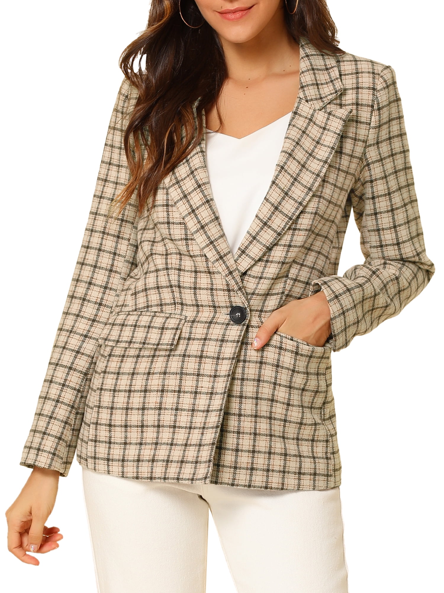 DARING DIVA Women's Boyfriend Notched Lapel One Button Blazer Suit Plaid Blazer Jacket M Khaki