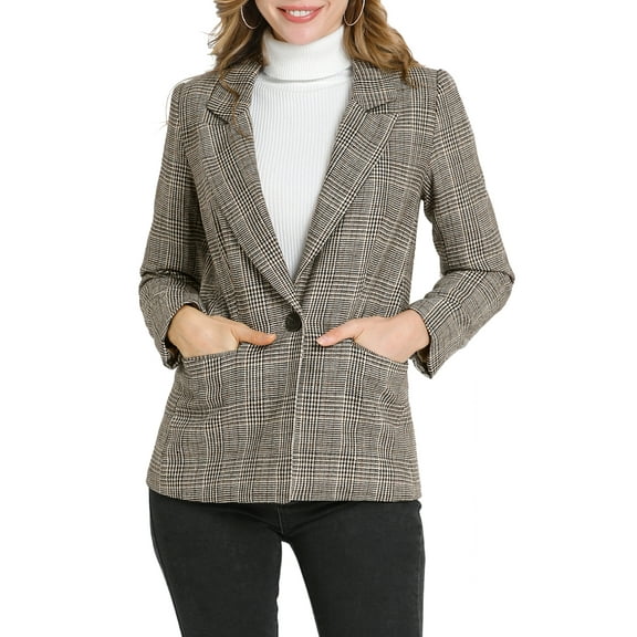 DARING DIVA Women's Boyfriend Notched Lapel One Button Blazer Suit Plaid Blazer Jacket S Brown