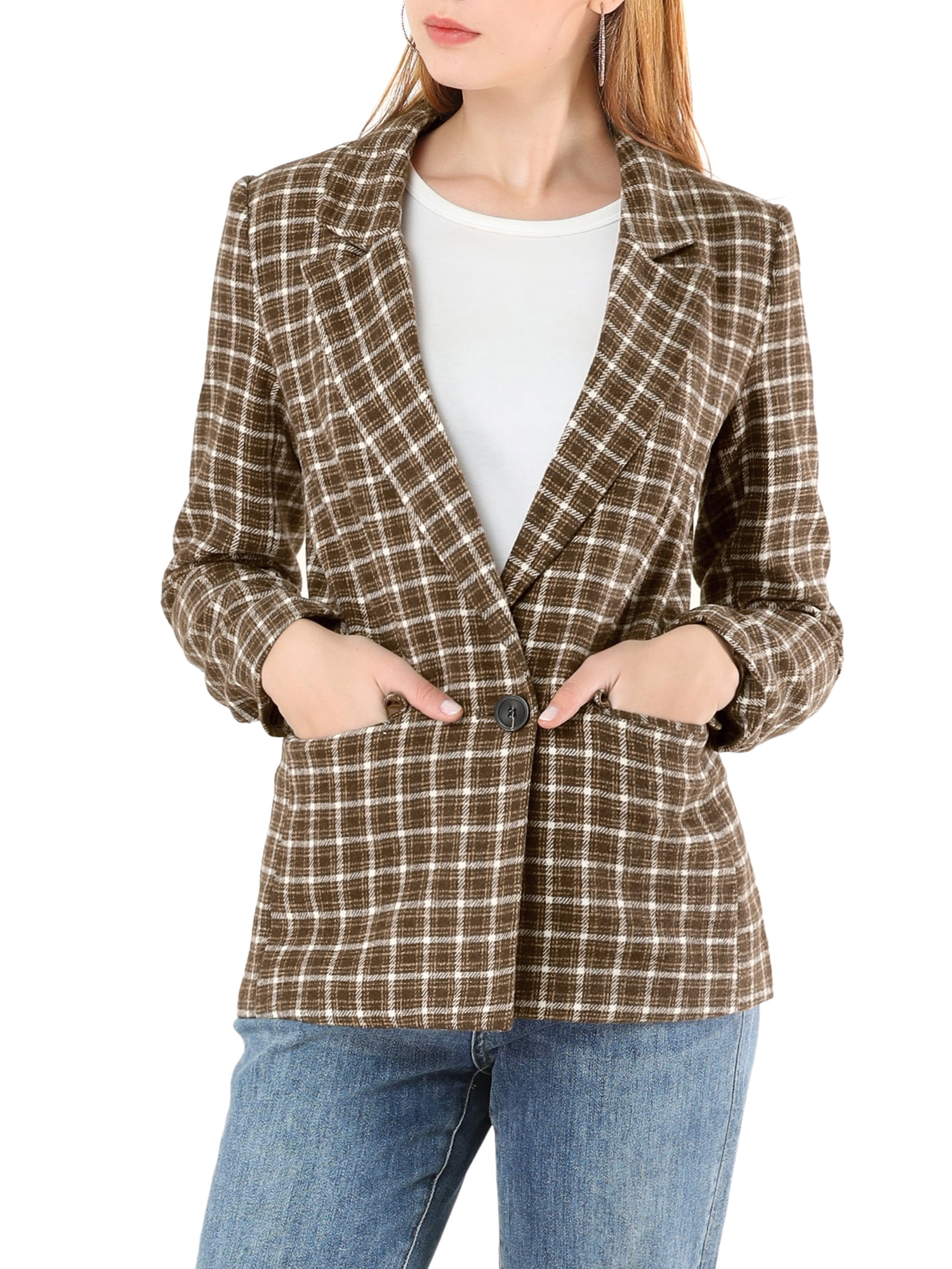 DARING DIVA Women's Boyfriend Notched Lapel One Button Blazer Suit Plaid Blazer Jacket S Coffee