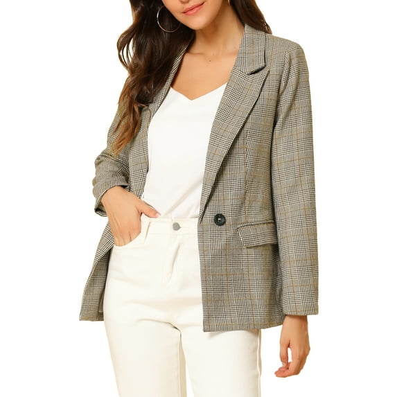 DARING DIVA Women's Boyfriend Notched Lapel One Button Blazer Suit Plaid Blazer Jacket S Light Coffee