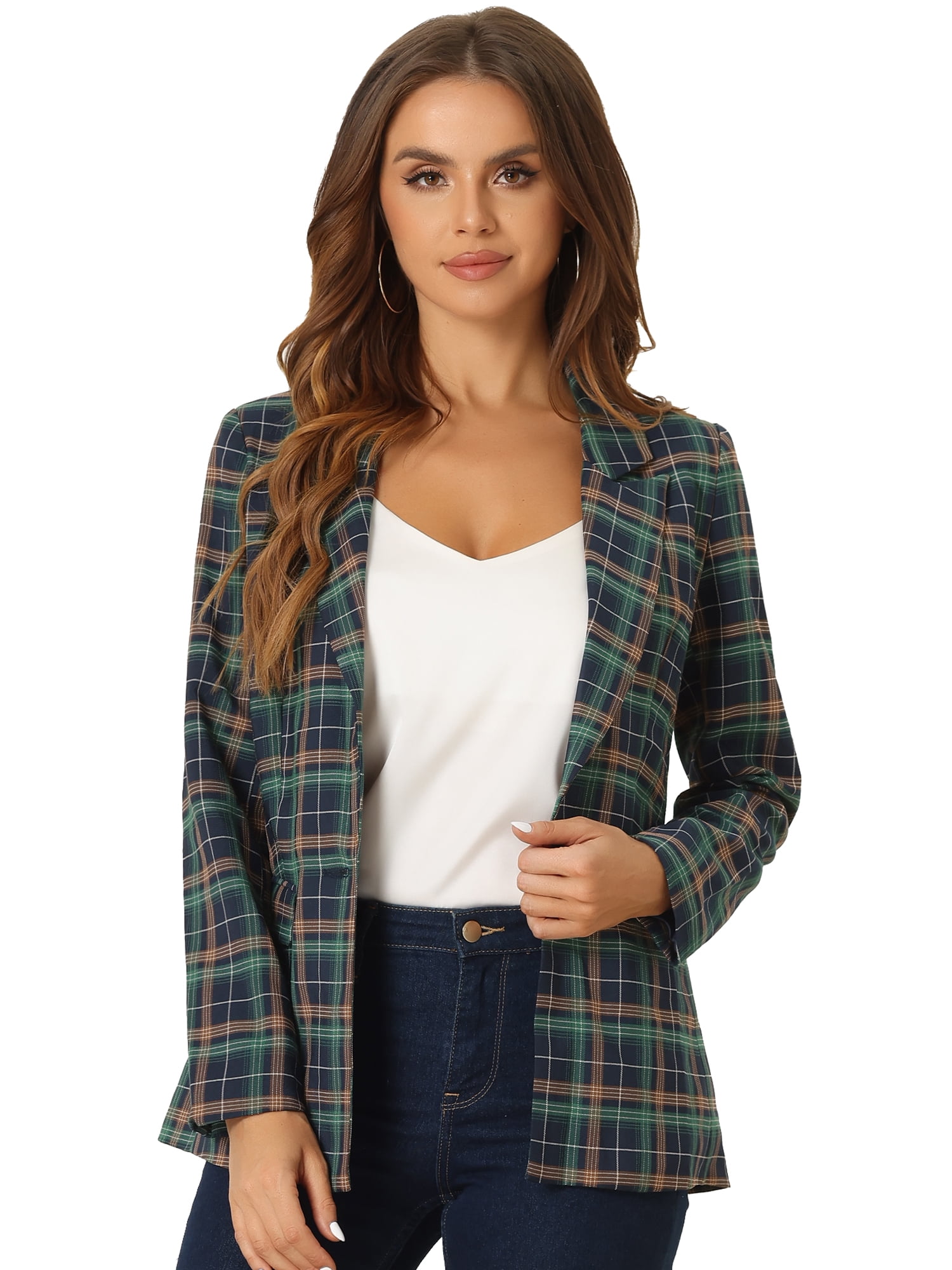 DARING DIVA Women's Boyfriend Notched Lapel One Button Blazer Suit Plaid Blazer Jacket XS Green Blue