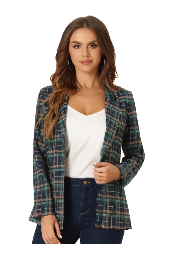 Women's Boyfriend Notched Lapel One Button Blazer Suit Plaid Blazer Jacket XS Green Blue