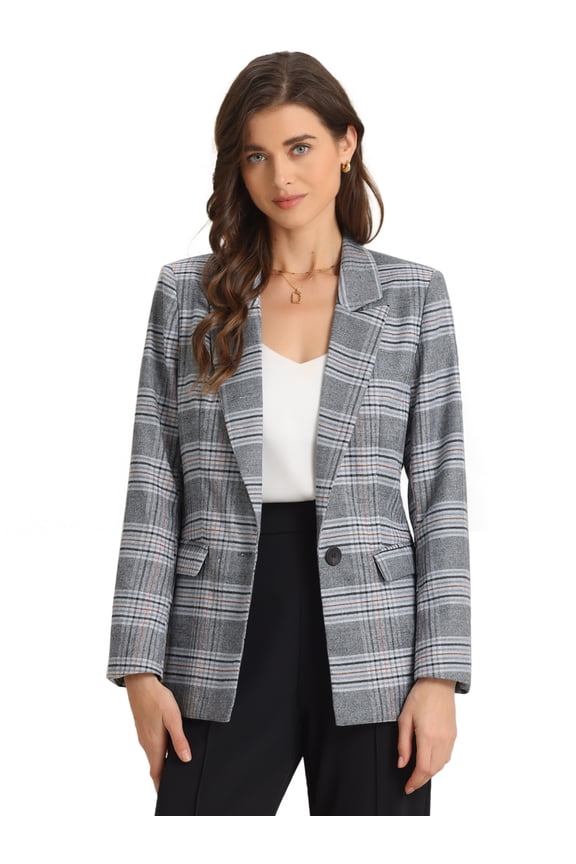 Women's Boyfriend Notched Lapel One Button Blazer Suit Plaid Blazer Jacket XS Grey