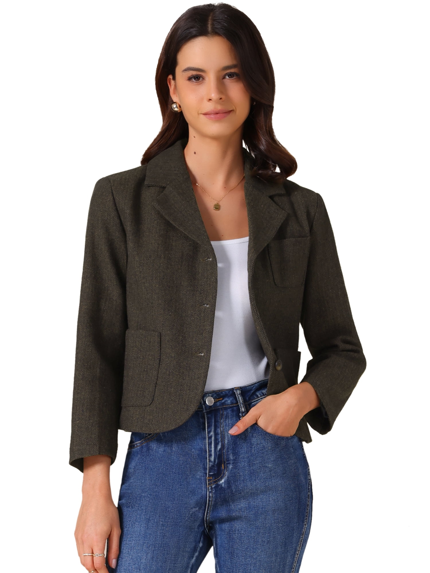 DARING DIVA Women's Bracelet Sleeve Patch Pockets Notched Lapel Blazer S Brown